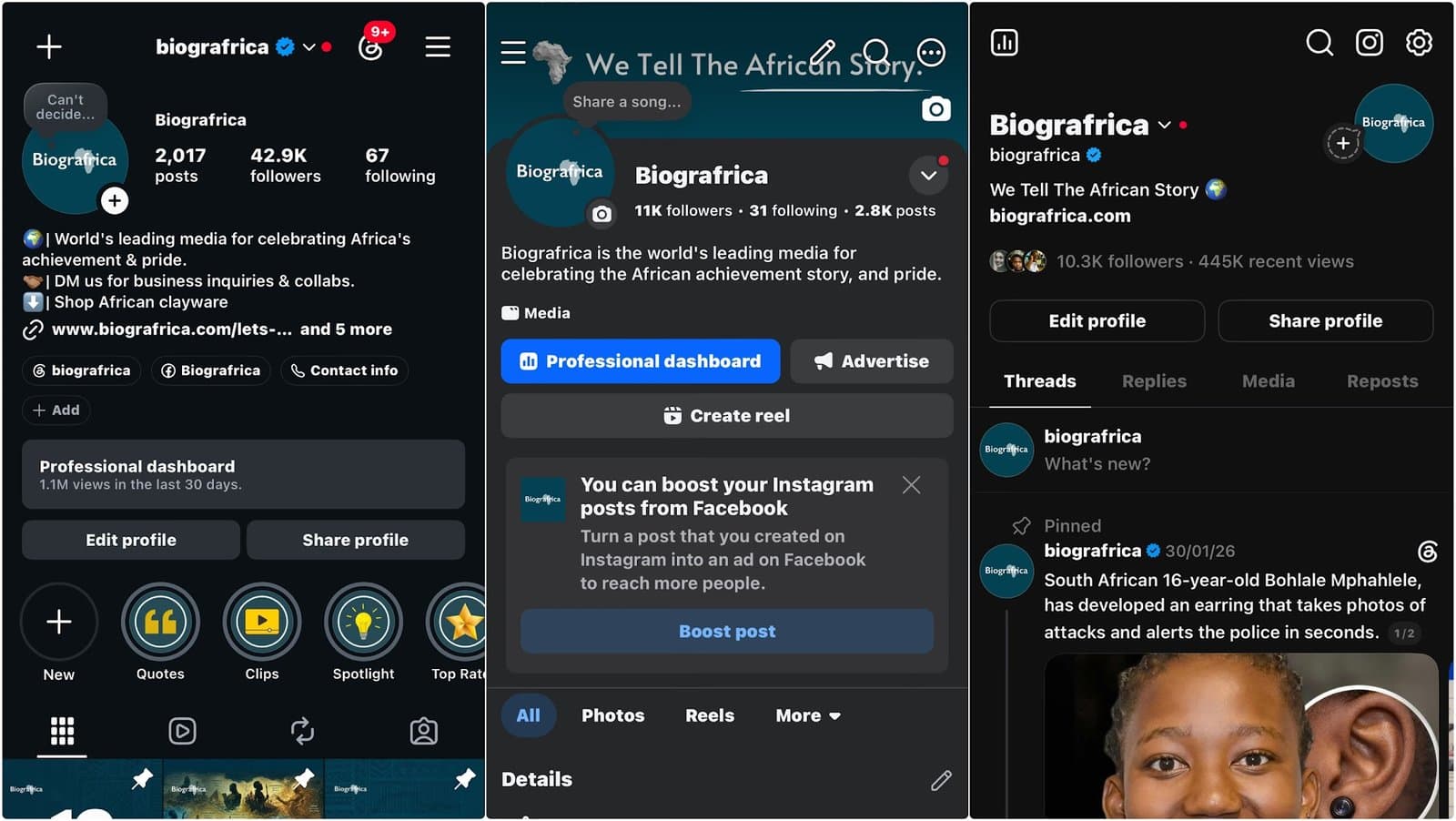 Biografrica's profile across Instagram, Facebook and Threads